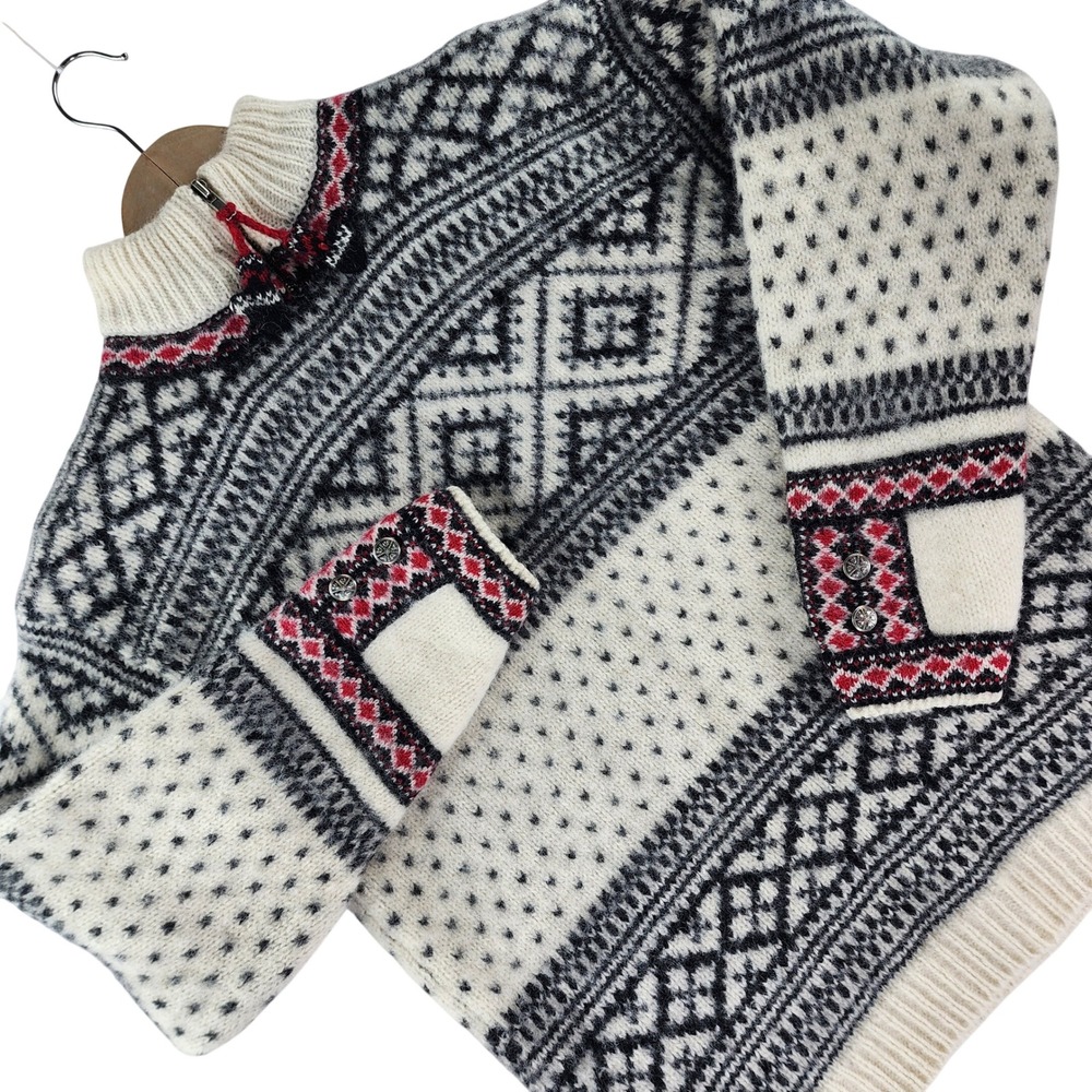 L'Officiel Collection Sweater Women M Cream Nordic Fair Isle 100% Wool Zip